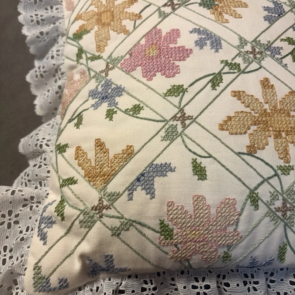 VTG Handmade Throw Pillow Cream Floral Cross Stitch Lace Trim Cottagecore Granny